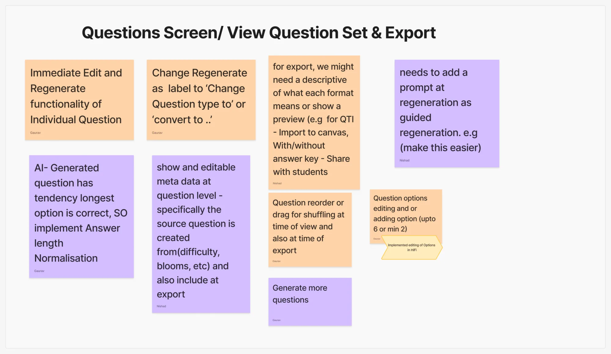 The team's FigJam synthesis for the question review and export tasks: sticky notes recommend immediate per-question Edit and Regenerate, clearer labels such as Change question type to, guided regeneration with a prompt, editable metadata, export format descriptions, reordering, and generating more questions.